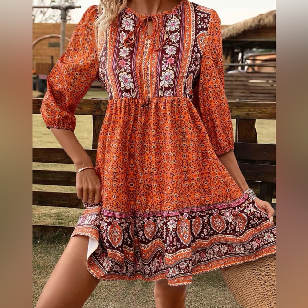 Orange Black 3/4 Sleeve Sundress with Crew Neck